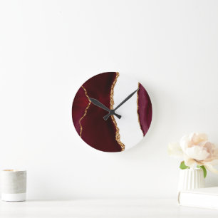 Burgundy Agate with Gold Glitter Veins Round Clock