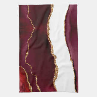 Burgundy Agate with Gold Glitter Veins Tea Towel