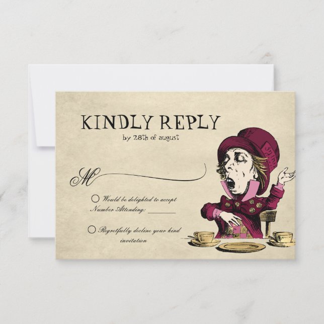 Burgundy Alice in Wonderland Mad Hatter Wedding RSVP Card (Front)