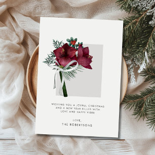 Burgundy Amaryllis Christmas Greenery Holiday Card