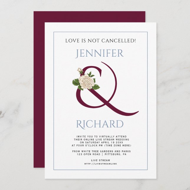 Burgundy ampersand rose dusty blue virtual wedding invitation (Front/Back)