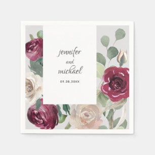 Burgundy and Beige Rustic Floral Wedding Napkin