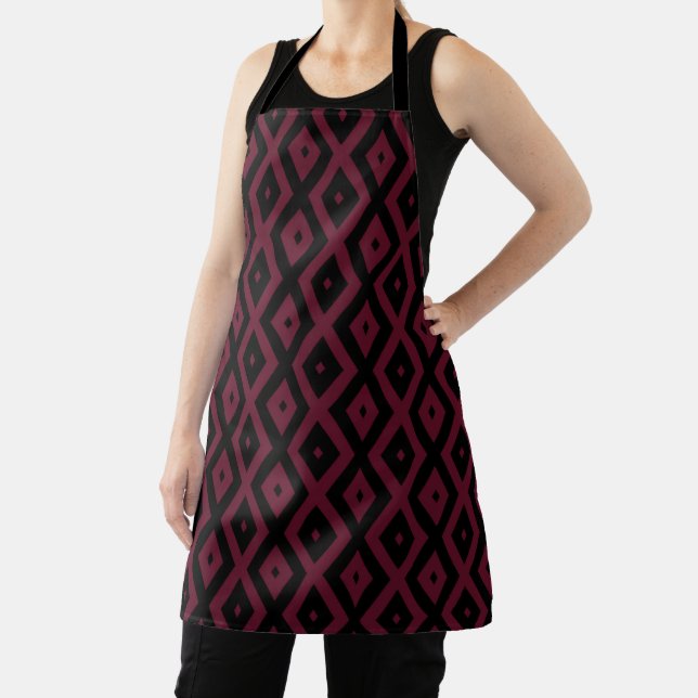 Burgundy and black diamond pattern apron (Insitu)