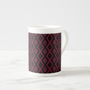 Burgundy and black diamond pattern bone china mug