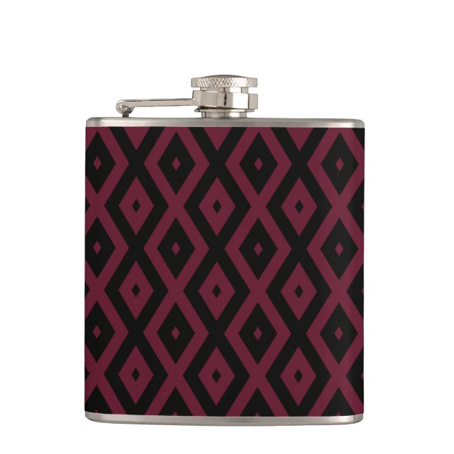 Burgundy and black diamond pattern hip flask (Front)