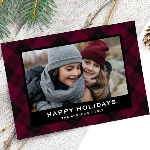 Burgundy and Black Festive Tartan Christmas Photo Holiday Card
