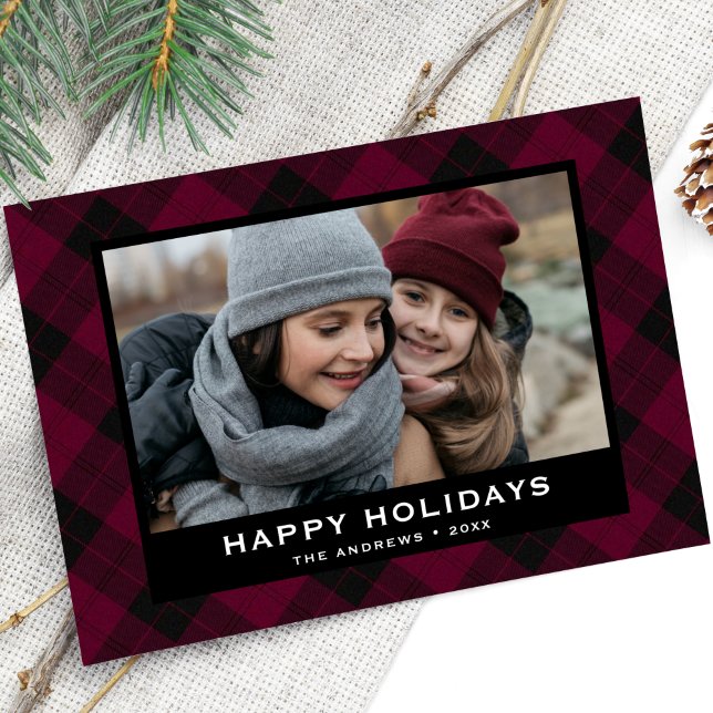 Burgundy and Black Festive Tartan Christmas Photo Holiday Card (Creator Uploaded)