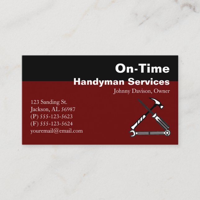 Burgundy and Black Handyman Services  Business Card (Front)