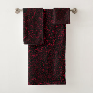 Burgundy and Black Mandala Kaleidoscope Medallion Bath Towel Set