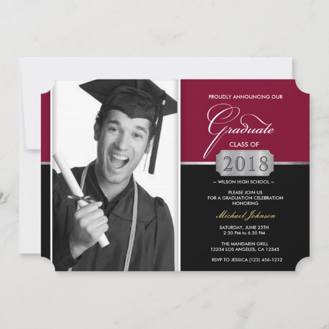 Burgundy and Black Modern Class of 2018 Graduation Invitation (Front)
