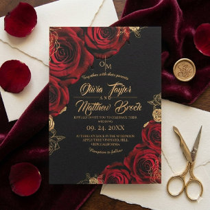 Burgundy and black ⎮ Red Rose Floral Wedding Invitation