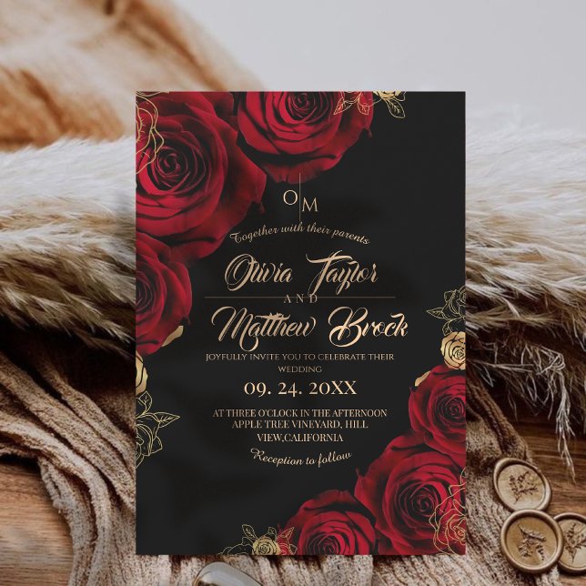  Burgundy and black ⎮ Red Rose Floral Wedding Invitation (Creator Uploaded)