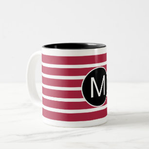 Burgundy and Black Striped Monogram Two-Tone Coffee Mug