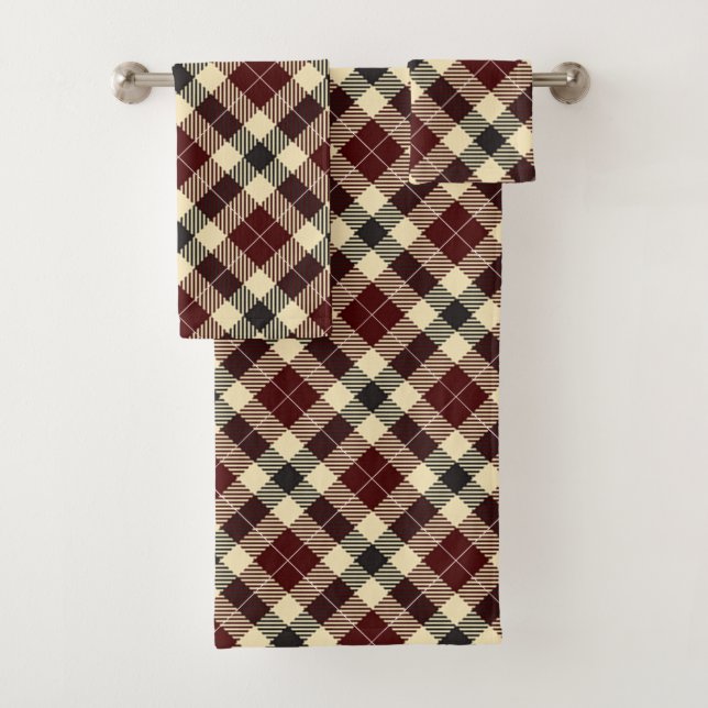 Burgundy and Black Tartan Plaid Bath Towel Set (Insitu)
