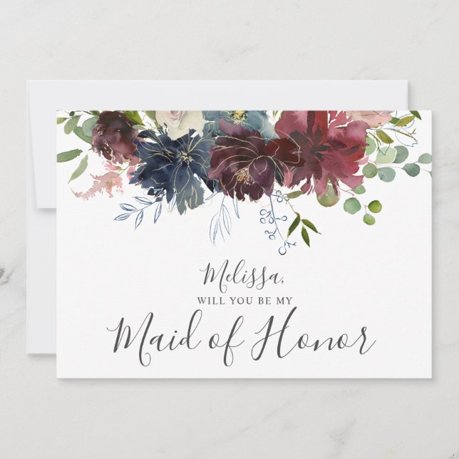 Burgundy and Blue Floral Be My Maid of Honour Invitation (Front)