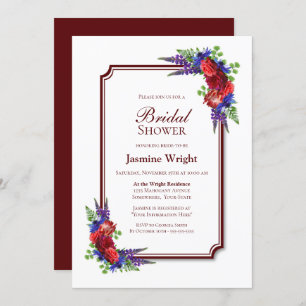 Burgundy and Blue Floral Bridal Shower Invitation
