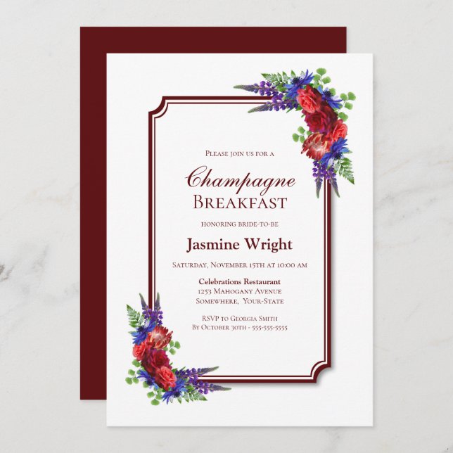 Burgundy and Blue Floral Champagne Breakfast Invitation (Front/Back)