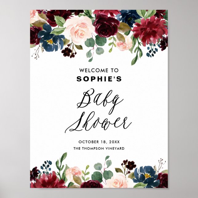 Burgundy and Blue Floral Garland Baby Shower Poster (Front)