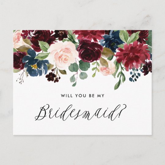 Burgundy and Blue Floral Garland Be My Bridesmaid Invitation Postcard