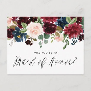 Burgundy and Blue Floral Garland Maid of Honor Invitation Postcard