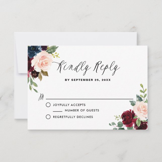 Burgundy and Blue Floral Garland Wedding RSVP Card (Front)