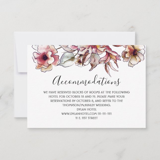 Burgundy and Blue Floral Garland Wedding RSVP Card (Front)