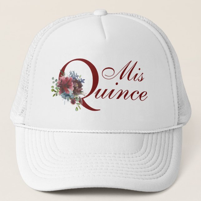Burgundy and Blue Floral Mis Quince Birthday Trucker Hat (Front)