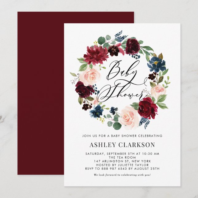 Burgundy and Blue Floral Wreath Baby Shower Invitation (Front/Back)
