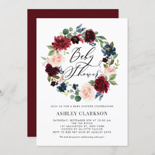 Burgundy and Blue Floral Wreath Baby Shower Invitation