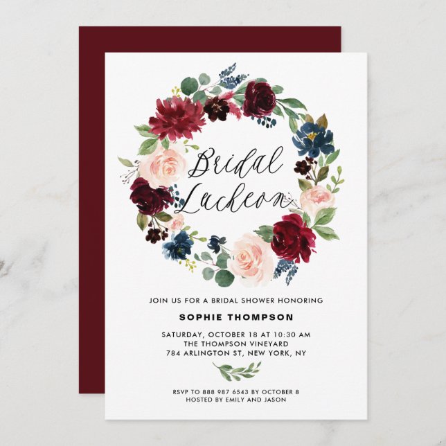 Burgundy and Blue Floral Wreath Bridal Luncheon Invitation (Front/Back)
