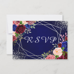 Burgundy and Blue Roses with silver Confetti RSVP Card
