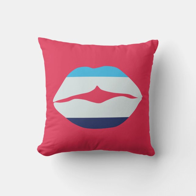 Burgundy And Blue Striped Lips Throw Pillow (Front)