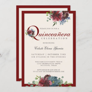 Burgundy and Blue Watercolor Floral Quinceanera Invitation