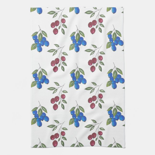 Burgundy and Blueberries Pattern Tea Towel (Vertical)