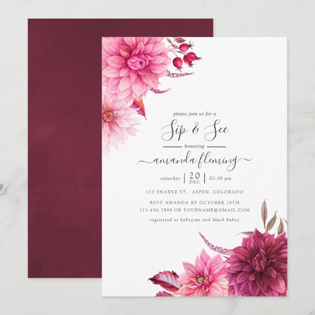 Burgundy and Blush Autumn Fall Floral Sip and See Invitation (Front/Back)