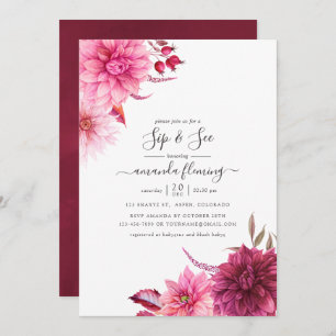 Burgundy and Blush Autumn Fall Floral Sip and See Invitation