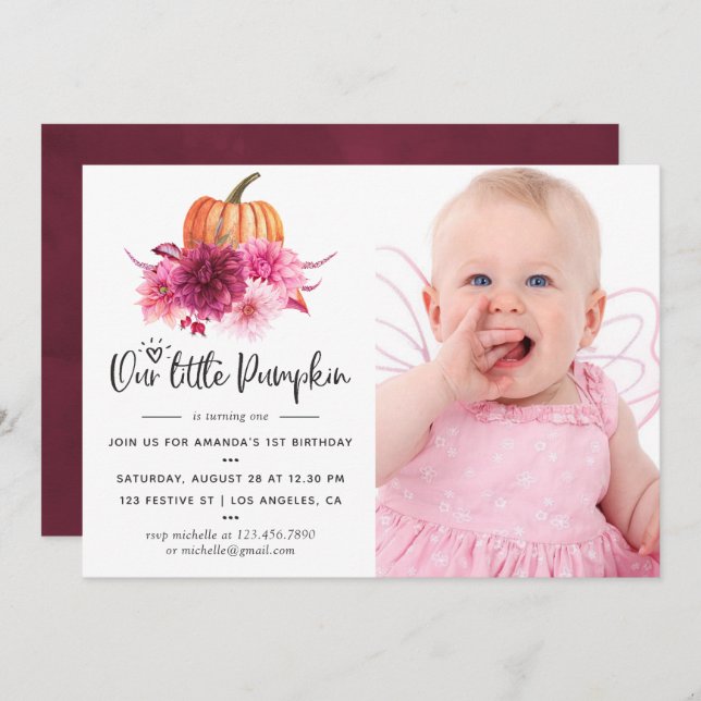 Burgundy and Blush Autumn Fall Pumpkin Birthday Invitation (Front/Back)