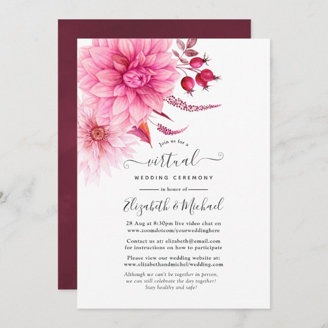 Burgundy and Blush Autumn Fall Virtual Wedding Invitation (Front/Back)