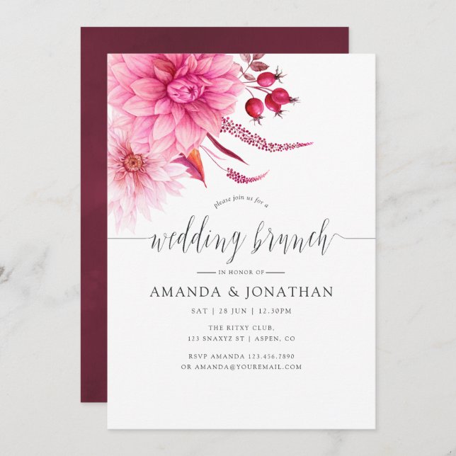 Burgundy and Blush Autumn Fall Wedding Brunch Invitation (Front/Back)