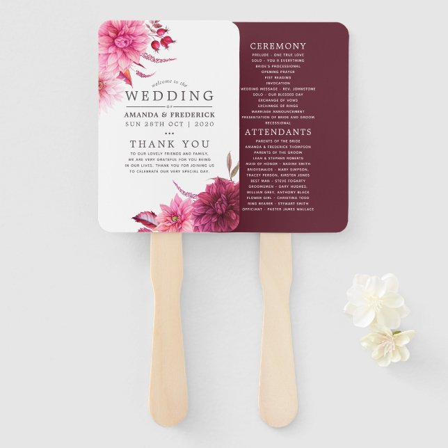Burgundy and Blush Autumn Wedding Program Hand Fan (Front and Back)