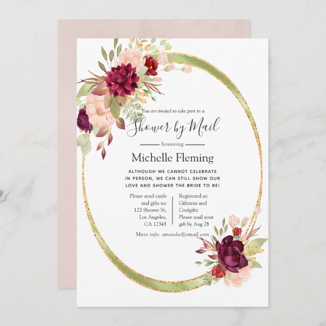 Burgundy and Blush Baby or Bridal Shower by Mail Invitation (Front/Back)