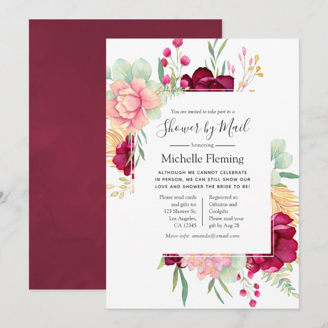 Burgundy and Blush Baby or Bridal Shower by Mail Invitation (Front/Back)
