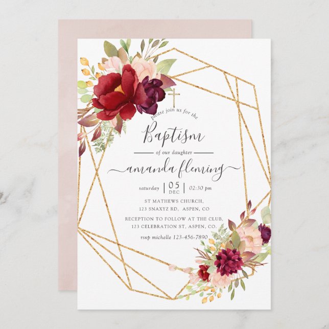 Burgundy and Blush Boho Geometric Baptism Invitation (Front/Back)