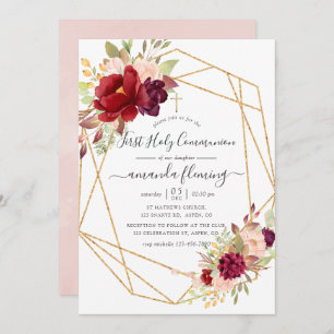 Burgundy and Blush Boho Geometric Holy Communion Invitation