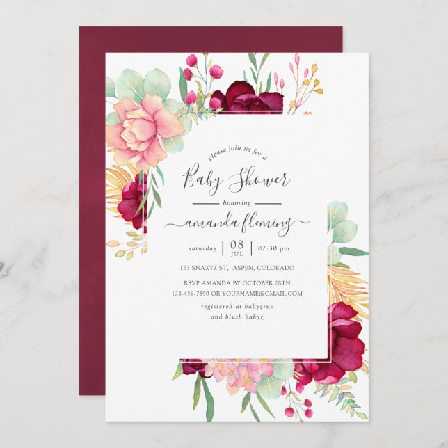 Burgundy and Blush Floral Baby Shower Invitation (Front/Back)