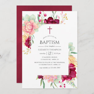 Burgundy and Blush Floral Baptism Invitation