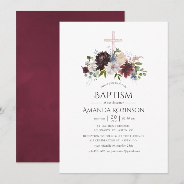 Burgundy and Blush Floral Baptism or Christening Invitation (Front/Back)