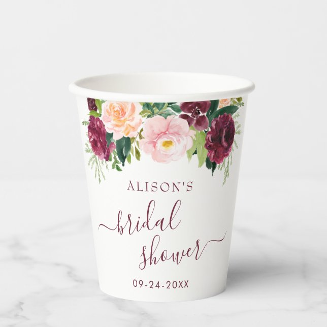 Burgundy And Blush Floral Bridal Shower Paper Cups (Front)