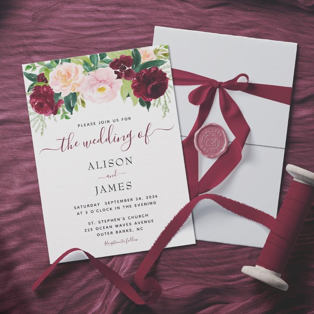 Burgundy and Blush Floral Elegant Wedding Invitation (Creator Uploaded)