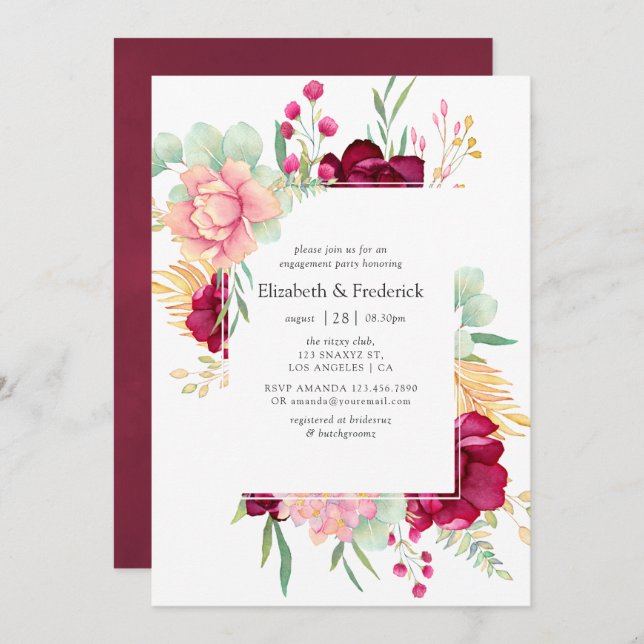 Burgundy and Blush Floral Engagement Party Invitation (Front/Back)